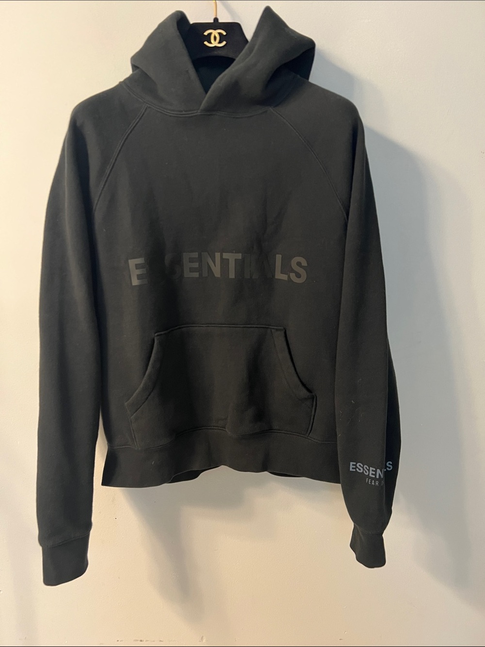 Essentials Black Hoodie with Tonal Logo and Kangaroo Pocket